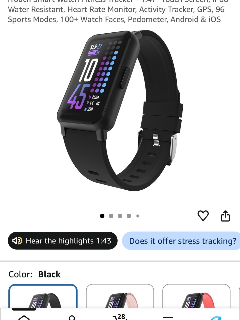 Black Smart Fitness Watch - Heart Rate & Activity Tracker